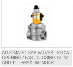 Slow opening / fast closing 1/2", 3/4", 1" — Pmax 360mbar (verify vs. previous — duplicate caption on source site)